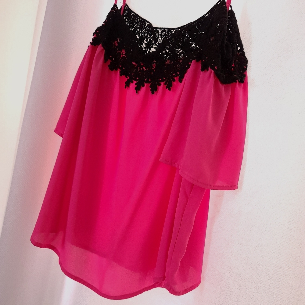 Fuschia and black lace blouse